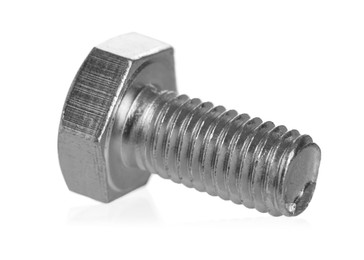Photo of One metal bolt isolated on white. Hardware tool
