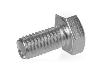 Photo of One metal bolt isolated on white. Hardware tool