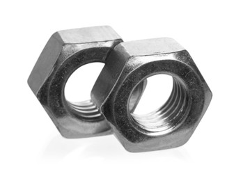 Photo of Metal hex nuts isolated on white. Hardware tool