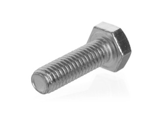 Photo of One metal bolt isolated on white. Hardware tool