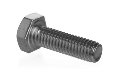 Photo of One metal bolt isolated on white. Hardware tool