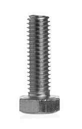 Photo of One metal bolt isolated on white. Hardware tool