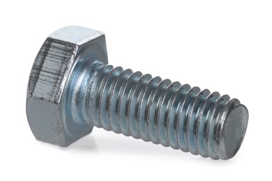 Photo of One metal bolt isolated on white. Hardware tool