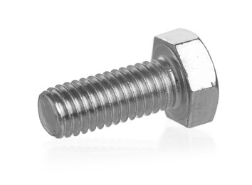 Photo of One metal bolt isolated on white. Hardware tool