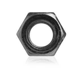 Photo of One metal hex nut on mirror surface isolated on white. Hardware tool