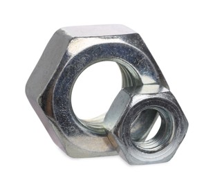 Photo of Metal hex nuts isolated on white. Hardware tool