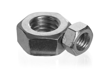 Photo of Metal hex nuts isolated on white. Hardware tool