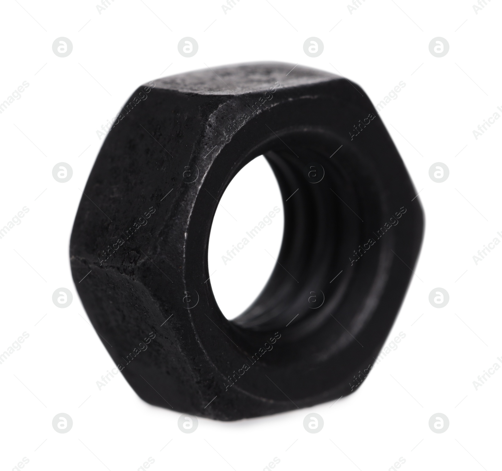 Photo of One metal hex nut isolated on white. Hardware tool