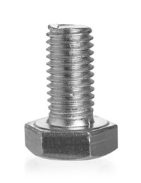 Photo of One metal bolt isolated on white. Hardware tool