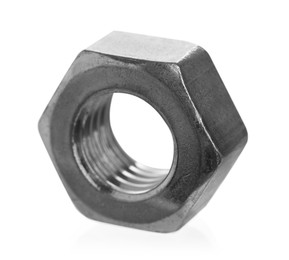 Photo of One metal hex nut isolated on white. Hardware tool