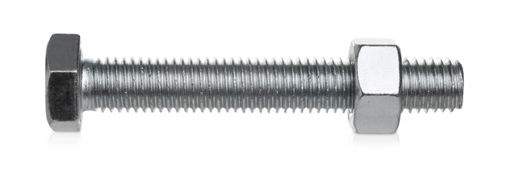 Photo of One metal bolt isolated on white. Hardware tool