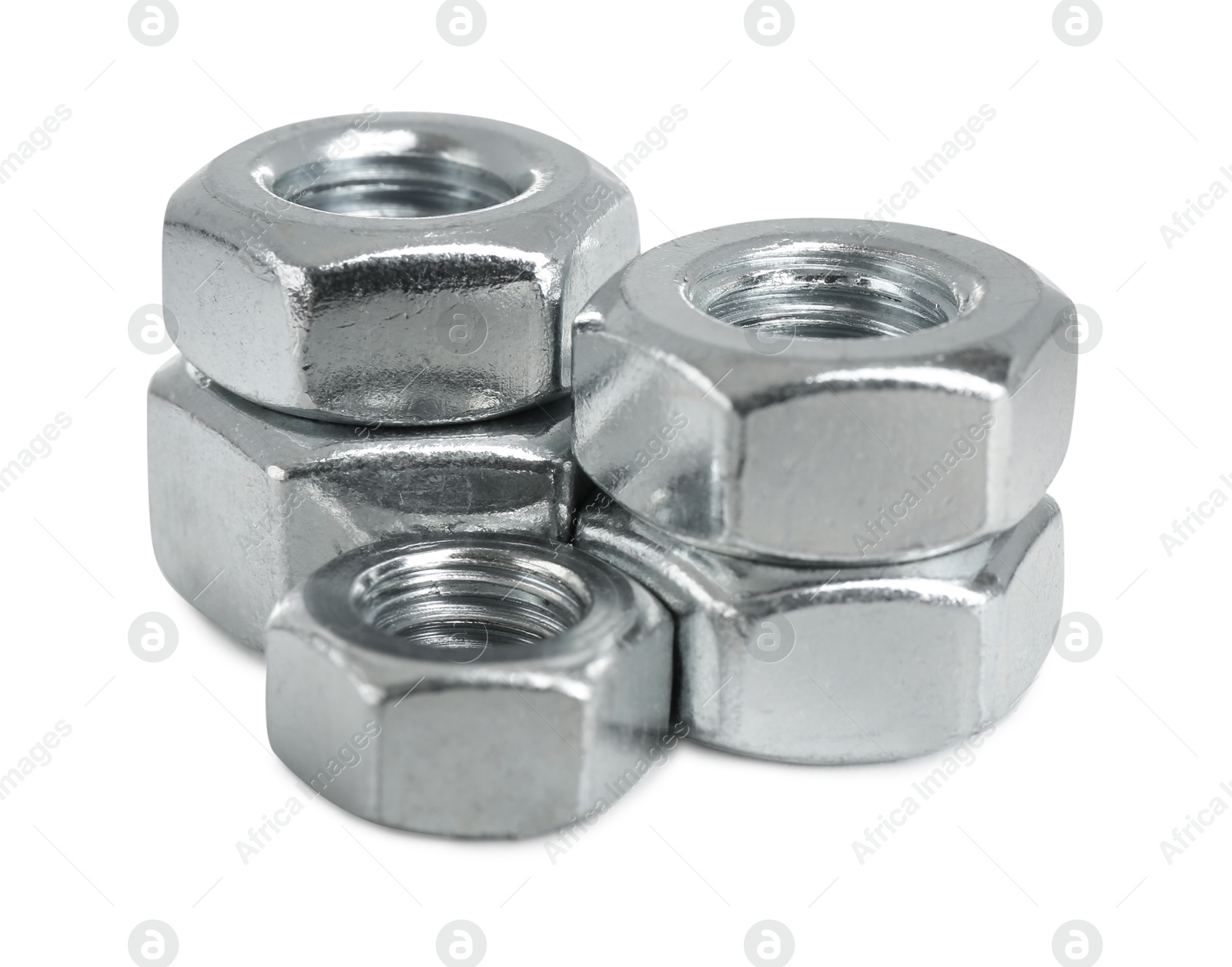 Metal hex nuts isolated on white. Hardware tool Photo of Metal hex nuts isolated on white. Hardware tool