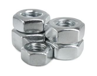 Photo of Metal hex nuts isolated on white. Hardware tool