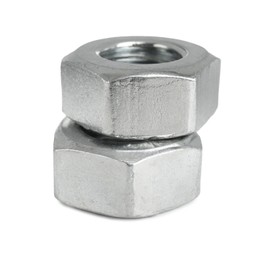 Photo of Metal hex nuts isolated on white. Hardware tool