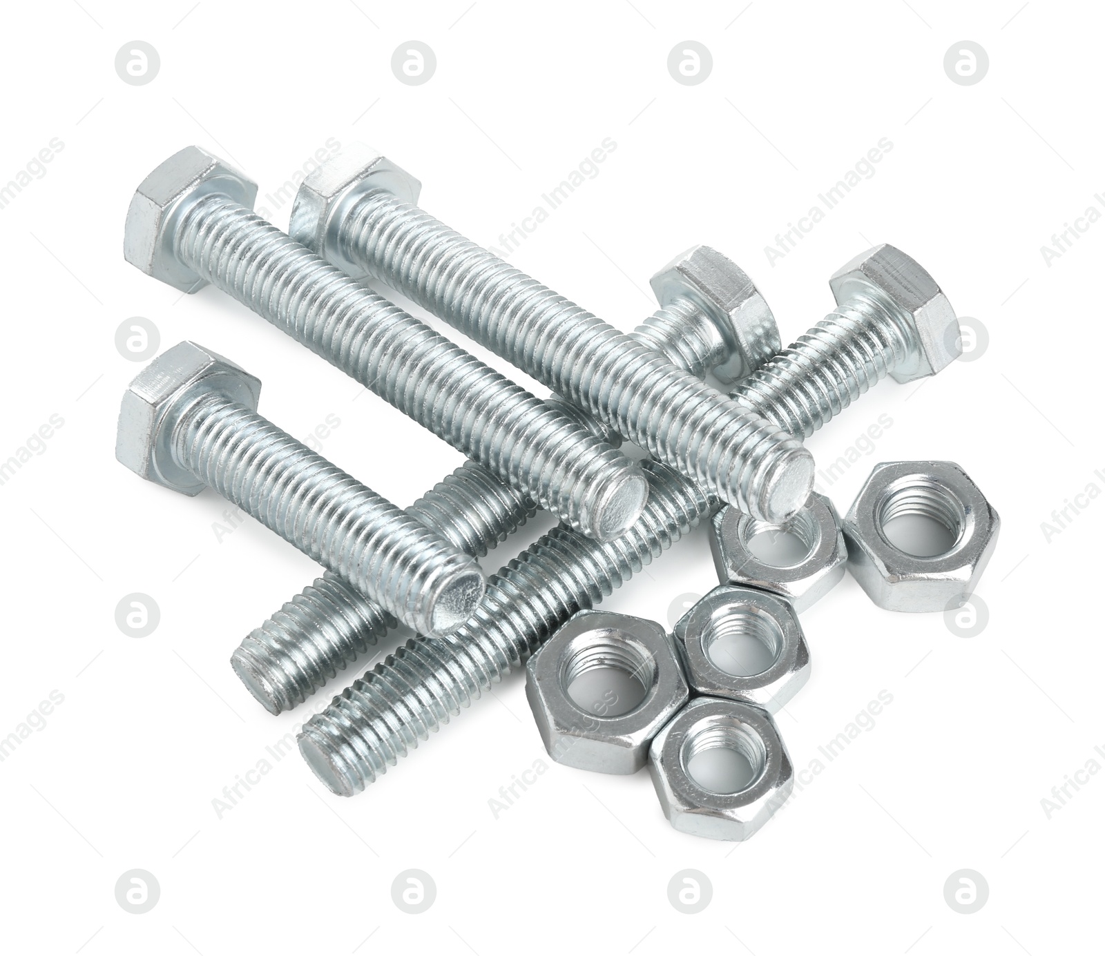 Photo of Metal bolts and hex nuts isolated on white