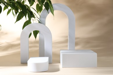 Photo of Promotion. Podiums for product presentation and green leaves on beige background
