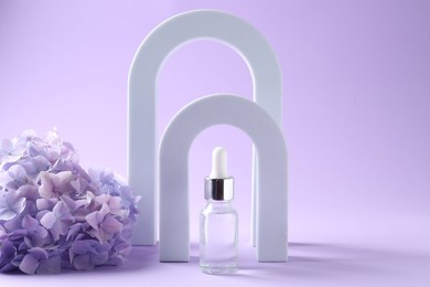 Photo of Promotion. Cosmetic product, podiums and hydrangea flowers on violet background