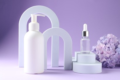 Photo of Promotion. Cosmetic products, podiums and hydrangea flowers on violet background
