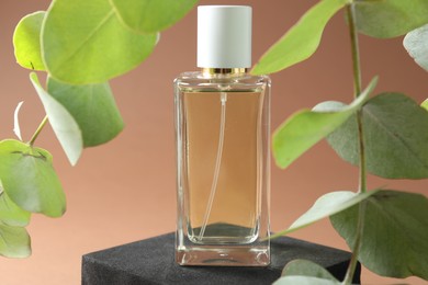 Photo of Promotion. Bottle of perfume, podium and green leaves on brown background, closeup