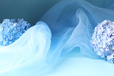 Photo of Promotion. Beautiful hydrangea flowers and tulle cloth on light blue background, closeup