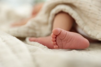Photo of Cute newborn baby lying on bed indoors, closeup. Space for text