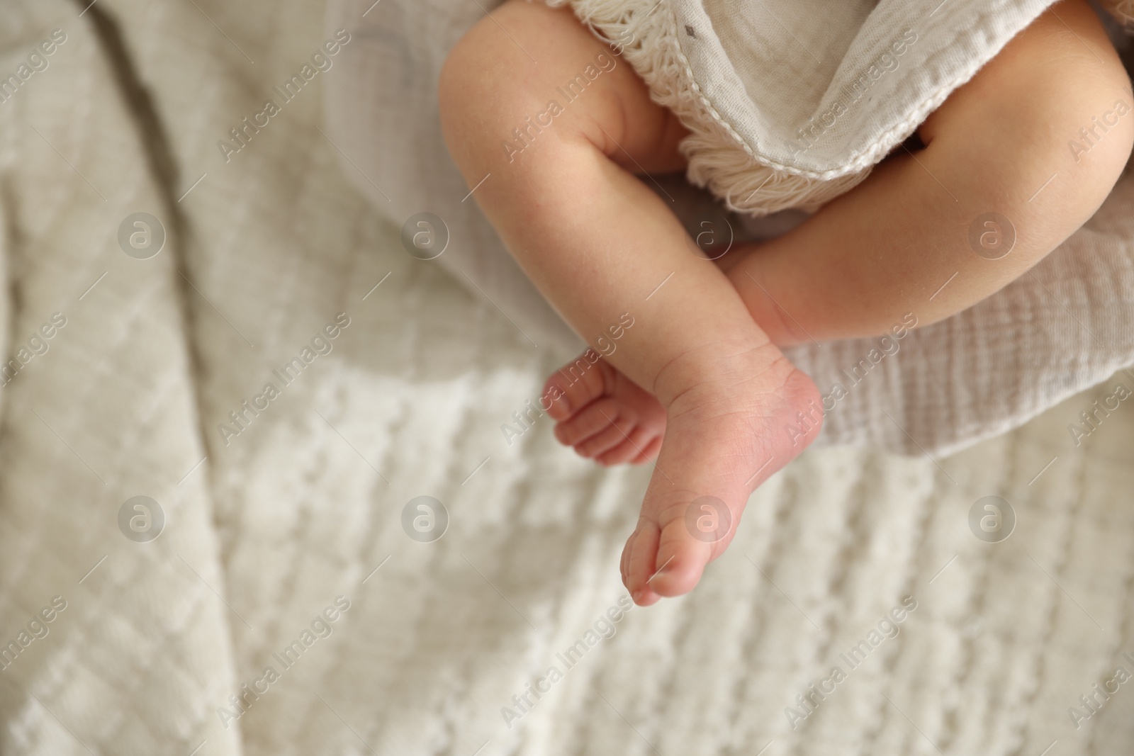 Cute newborn child lying in baby nest on bed, top view. Space for text Photo of Cute newborn child lying in baby nest on bed, top view. Space for text