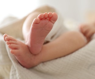 Photo of Cute newborn child lying in baby nest indoors, closeup