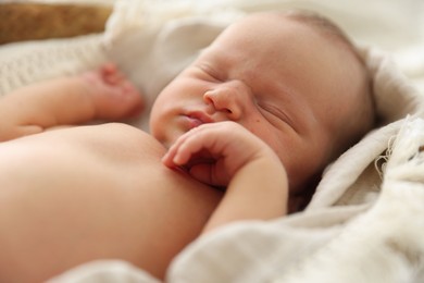 Photo of Cute newborn child sleeping in baby nest indoors