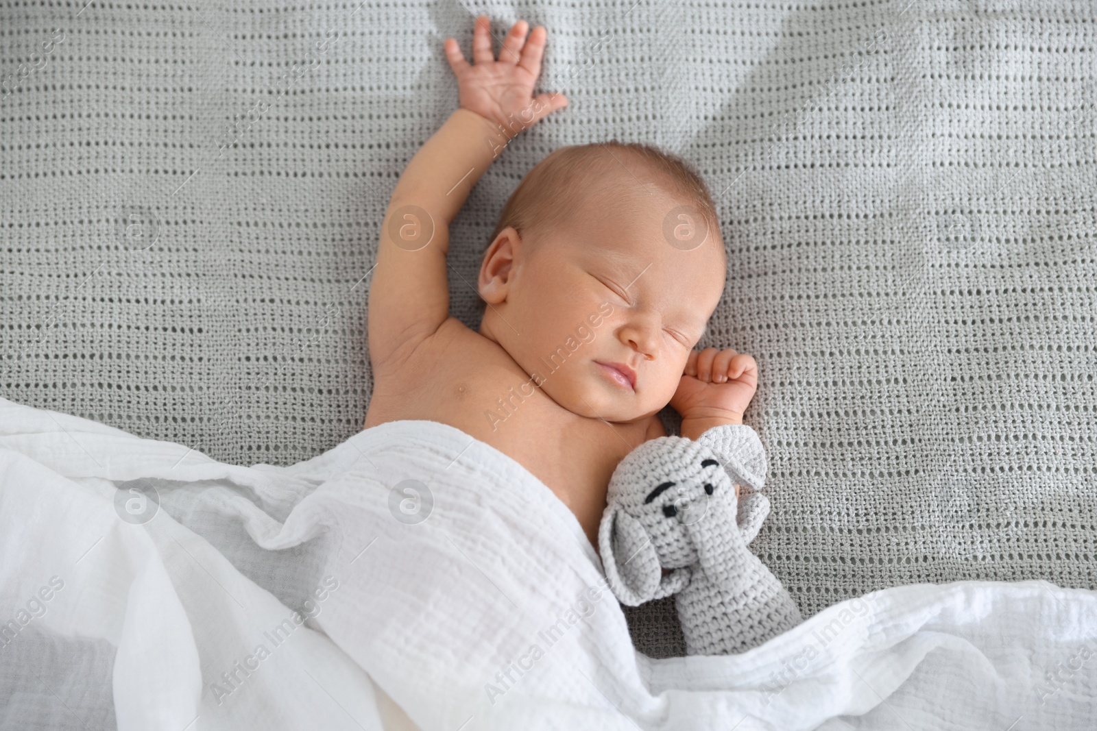 Cute newborn baby with toy on bed, top view Photo of Cute newborn baby with toy on bed, top view