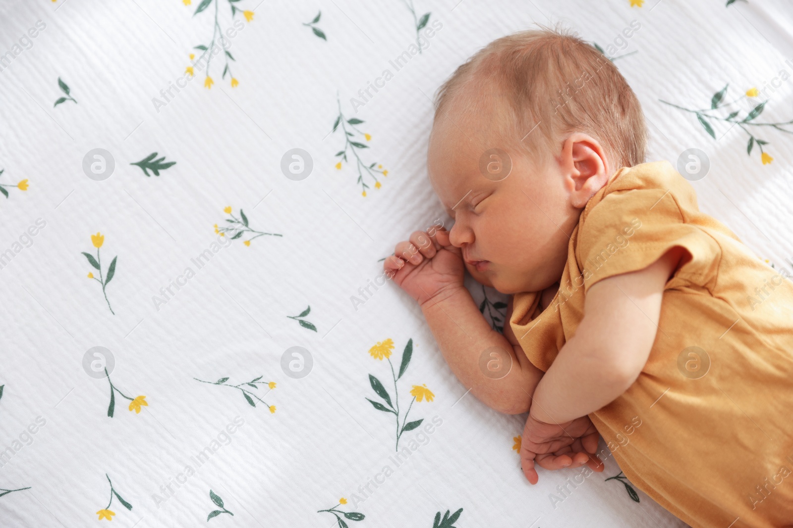 Cute newborn baby lying in crib, above view. Space for text Photo of Cute newborn baby lying in crib, above view. Space for text