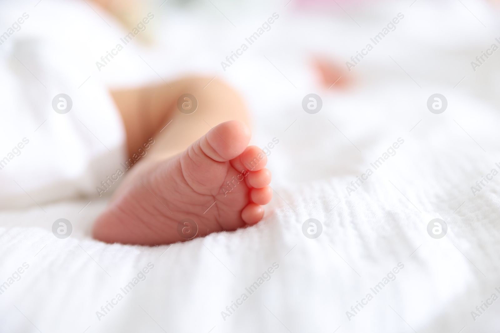 Cute newborn baby lying on bed indoors, closeup. Space for text Photo of Cute newborn baby lying on bed indoors, closeup. Space for text