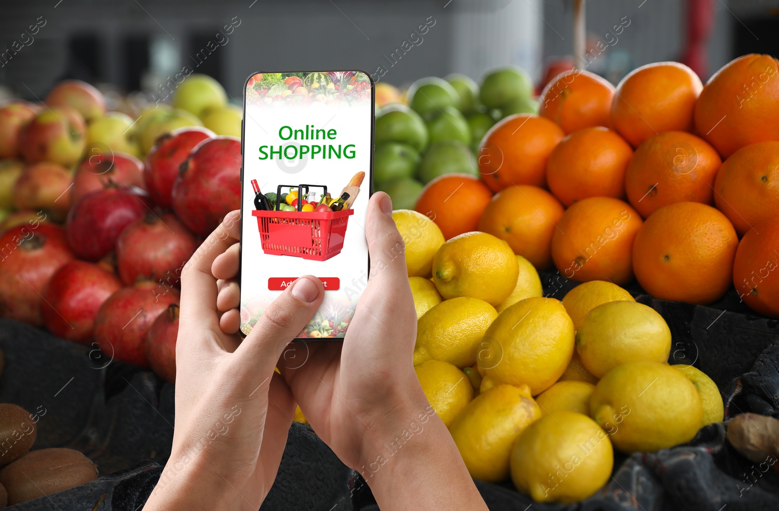 Image of Food delivery. Man using mobile phone app to order grocery online, closeup
