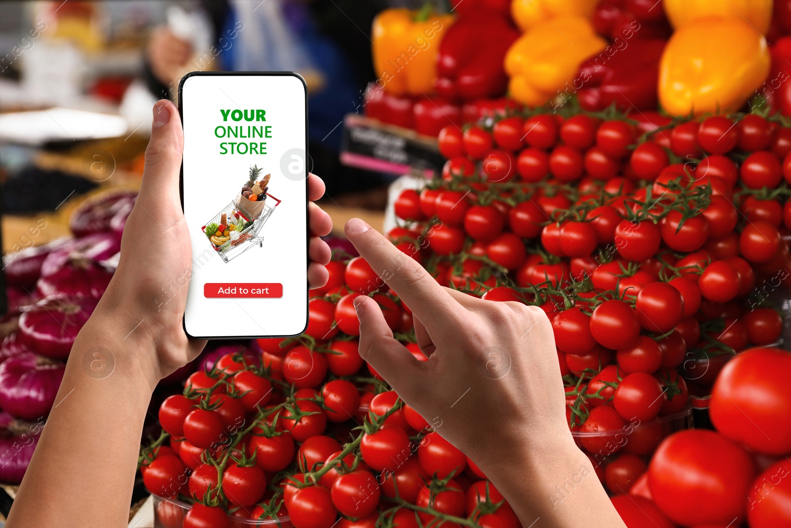 Food delivery. Man using mobile phone app to order grocery online, closeup Image of Food delivery. Man using mobile phone app to order grocery online, closeup