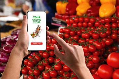 Image of Food delivery. Man using mobile phone app to order grocery online, closeup