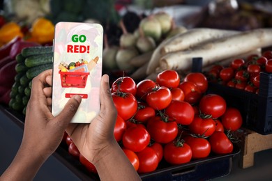 Image of Food delivery. Man using mobile phone app to order grocery online, closeup