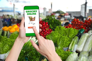 Image of Food delivery. Man using mobile phone app to order grocery online, closeup
