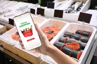 Image of Food delivery. Man using mobile phone app to order grocery online, closeup