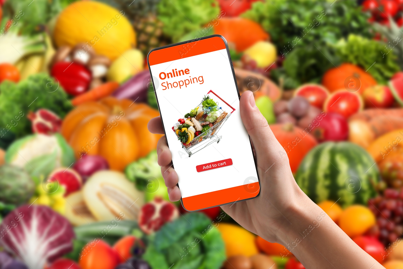 Food delivery. Man using mobile phone app to order grocery online, closeup Image of Food delivery. Man using mobile phone app to order grocery online, closeup