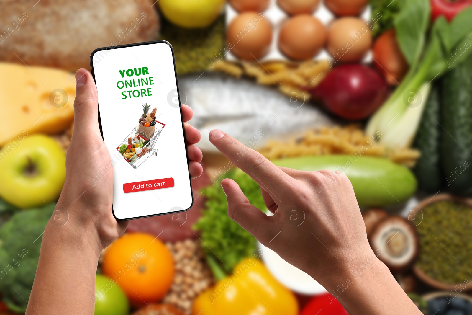 Food delivery. Man using mobile phone app to order grocery online, closeup Image of Food delivery. Man using mobile phone app to order grocery online, closeup