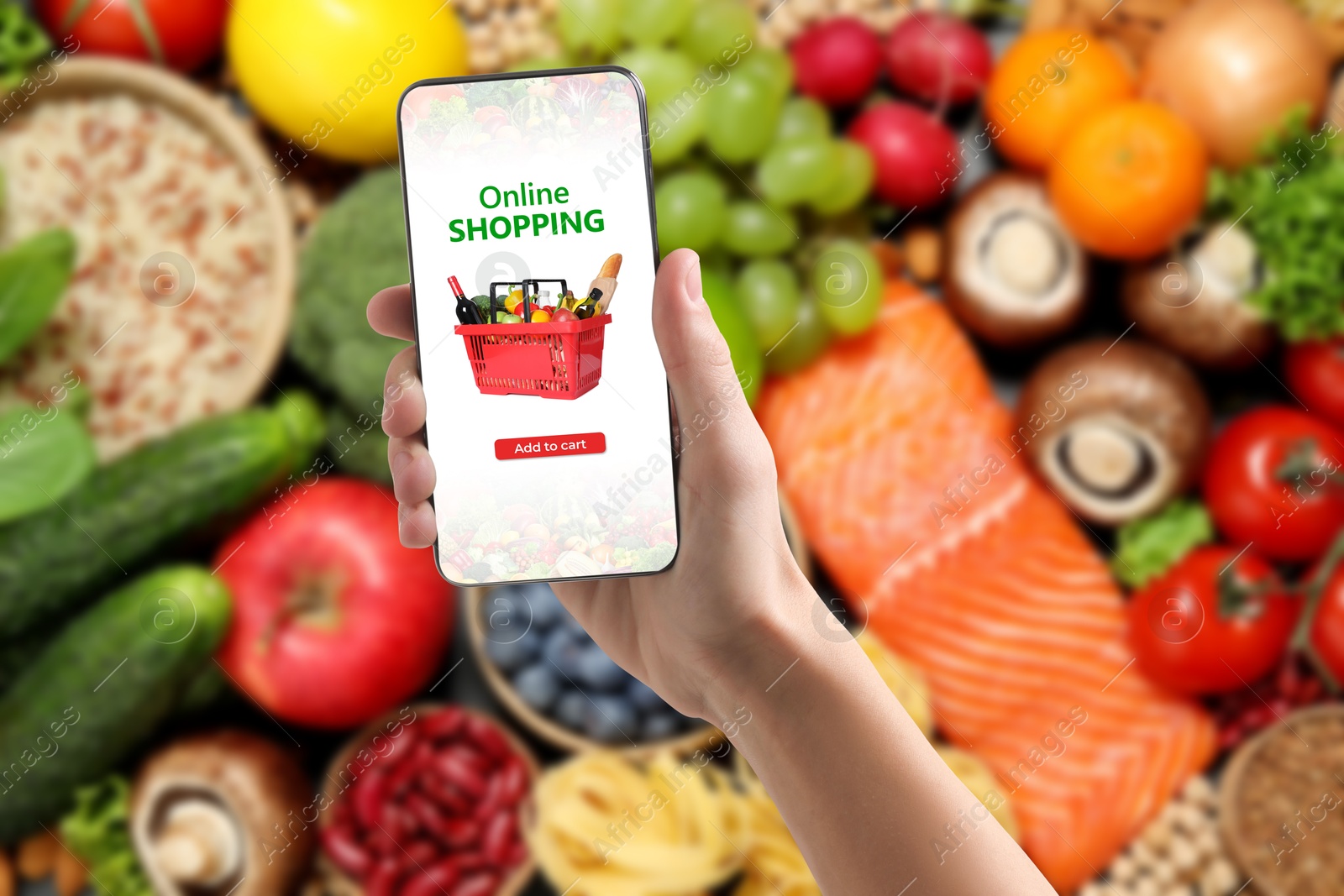 Food delivery. Man using mobile phone app to order grocery online, closeup Image of Food delivery. Man using mobile phone app to order grocery online, closeup