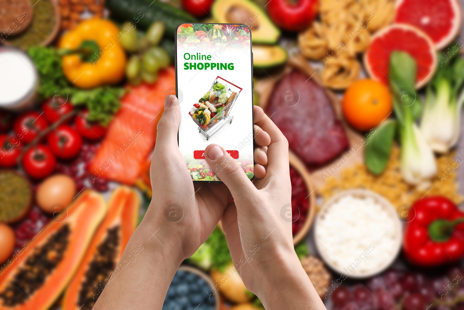 Food delivery. Man using mobile phone app to order grocery online, closeup Image of Food delivery. Man using mobile phone app to order grocery online, closeup