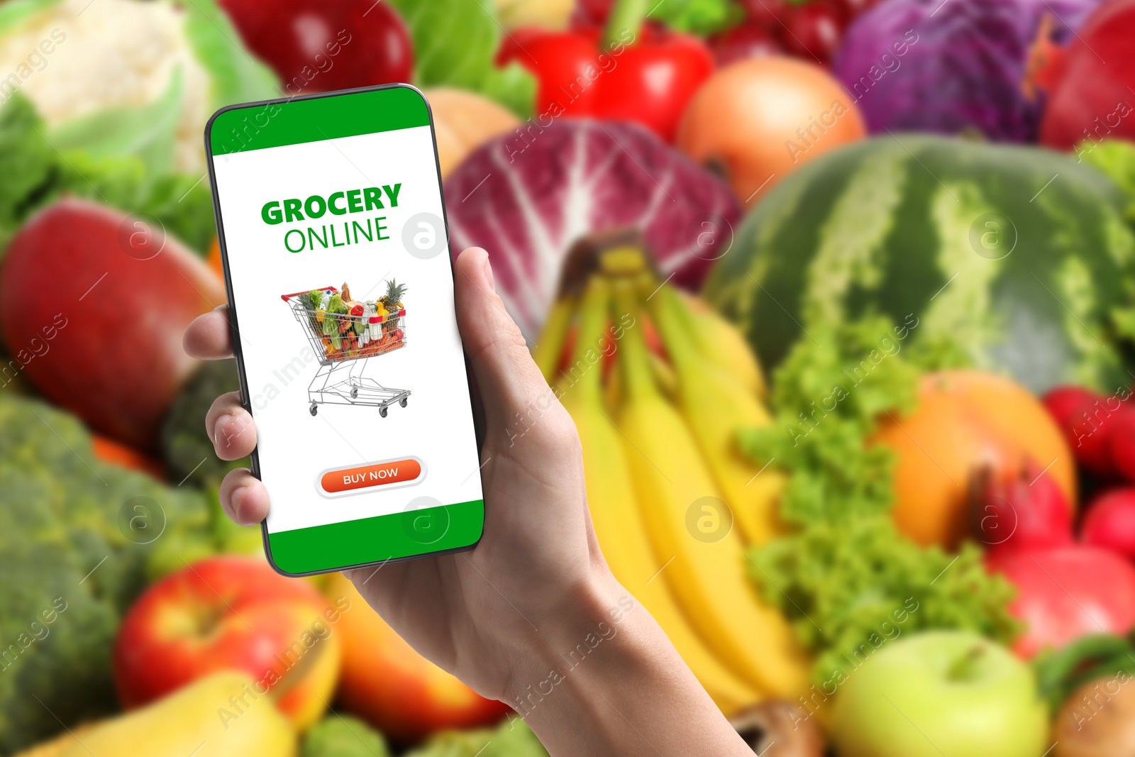 Food delivery. Man using mobile phone app to order grocery online, closeup Image of Food delivery. Man using mobile phone app to order grocery online, closeup