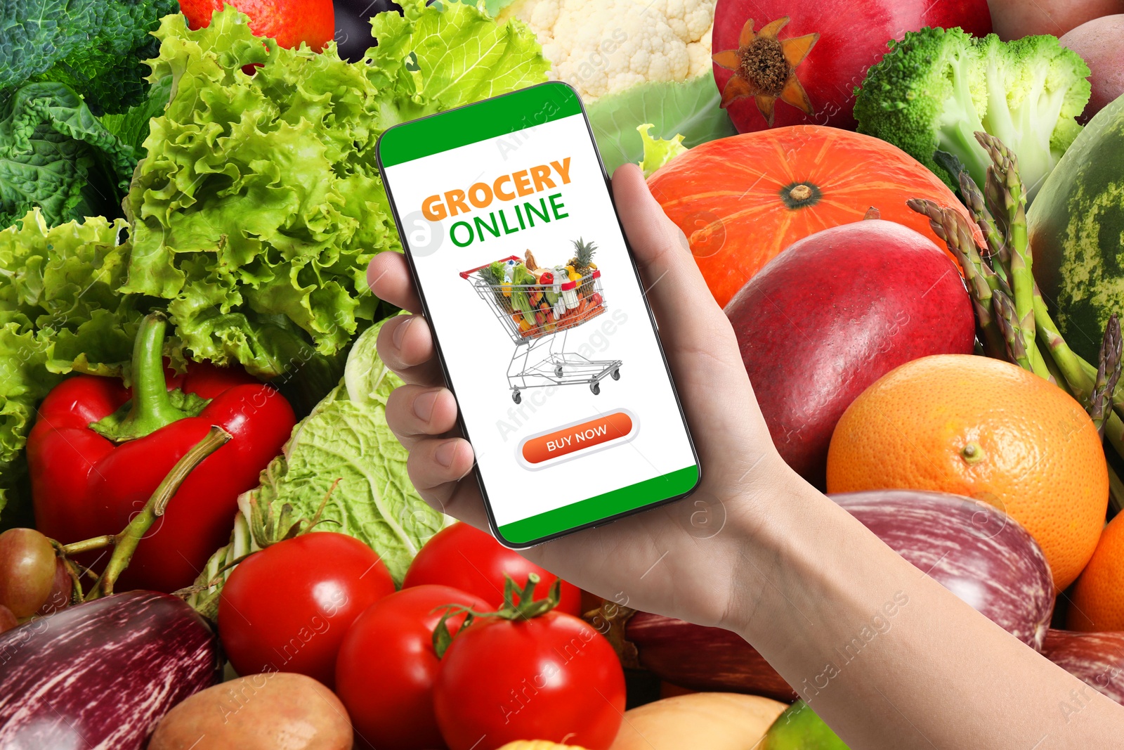 Food delivery. Man using mobile phone app to order grocery online, closeup Image of Food delivery. Man using mobile phone app to order grocery online, closeup