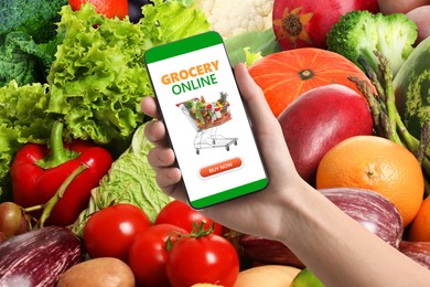 Image of Food delivery. Man using mobile phone app to order grocery online, closeup