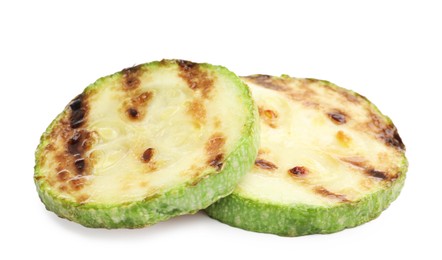 Photo of Delicious grilled courgette slices isolated on white