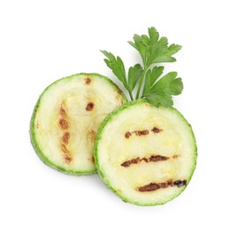 Photo of Delicious grilled courgette slices with parsley isolated on white, top view