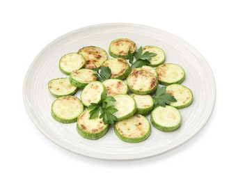 Photo of Delicious fried courgette slices with parsley isolated on white