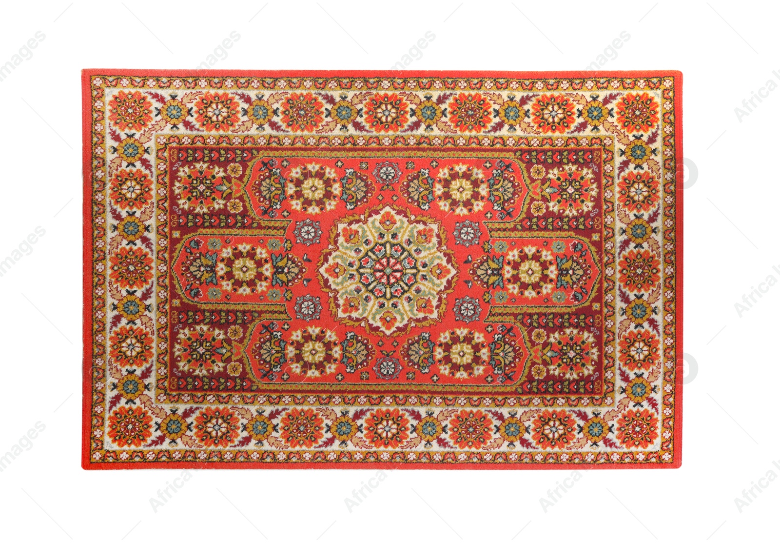 Soft red carpet with pattern isolated on white, top view. Used stuff Photo of Soft red carpet with pattern isolated on white, top view. Used stuff