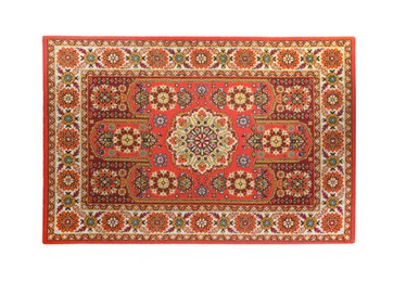 Photo of Soft red carpet with pattern isolated on white, top view. Used stuff