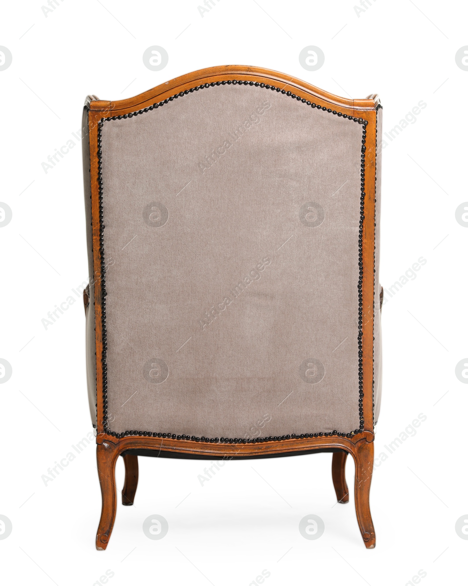 One stylish armchair isolated on white, back view. Used stuff Photo of One stylish armchair isolated on white, back view. Used stuff